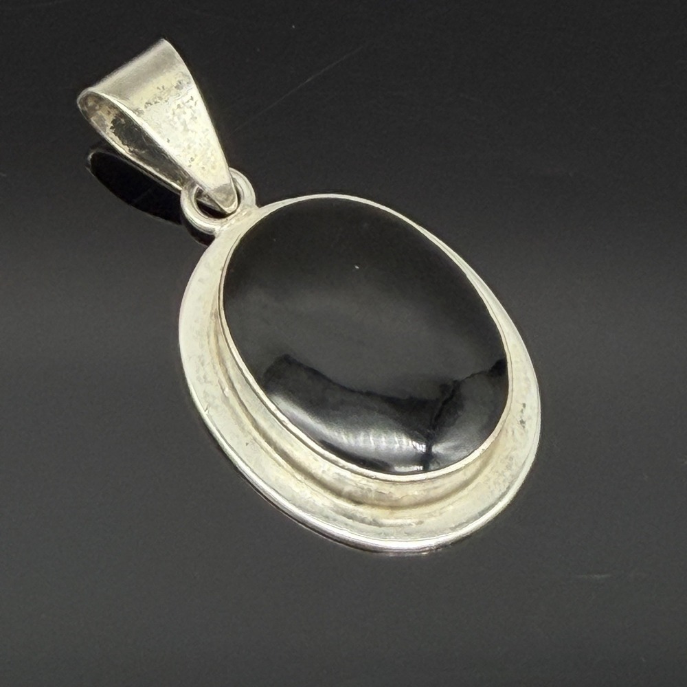 Vintage Mexico 925 Sterling Silver Black Onyx Oval Bezel Large Pendant 1 7/8"